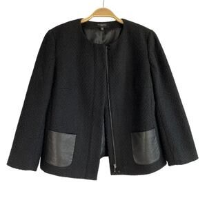 Talbots‎ Wool Blend Crop Lady Jacket Women 14P Black Edgy Faux Leather Pockets